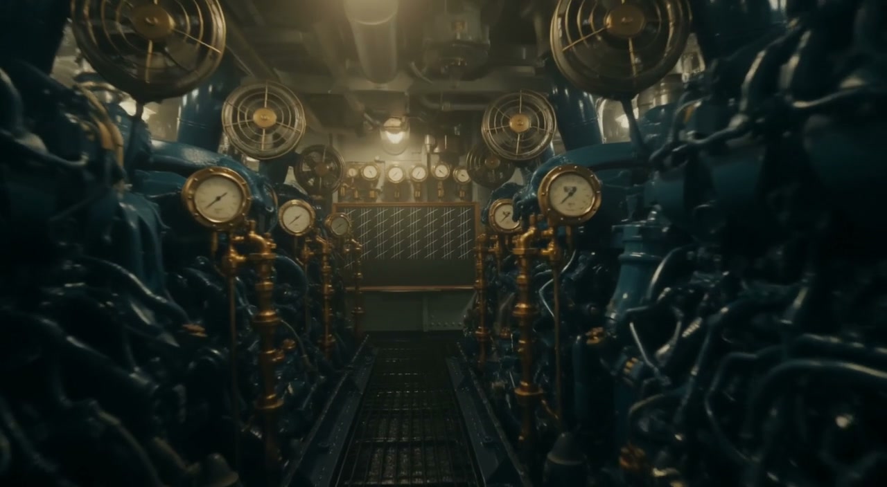 A symmetrical engine room of gauges and machinery, lit in brass and deep blue